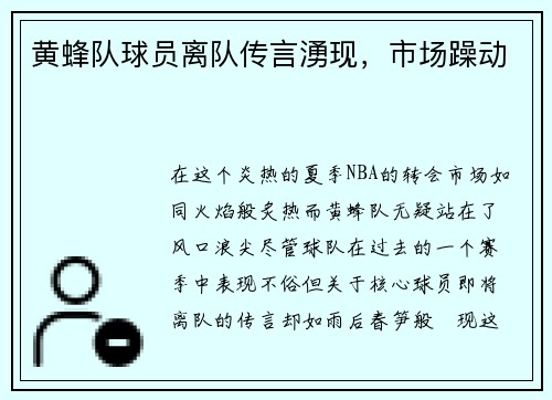黄蜂队球员离队传言湧现，市场躁动
